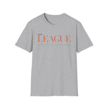 Grey t-shirt with orange and grey text reading "THE LEAGUE unlimited orchestra".