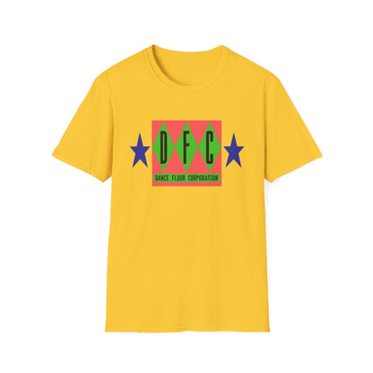 Yellow t-shirt with "DFC" logo and "Dance Floor Corporation" text.