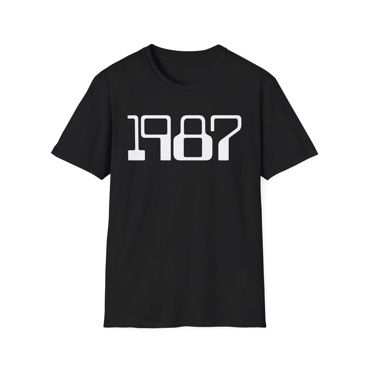 Black t-shirt with white text "1987" across the chest.