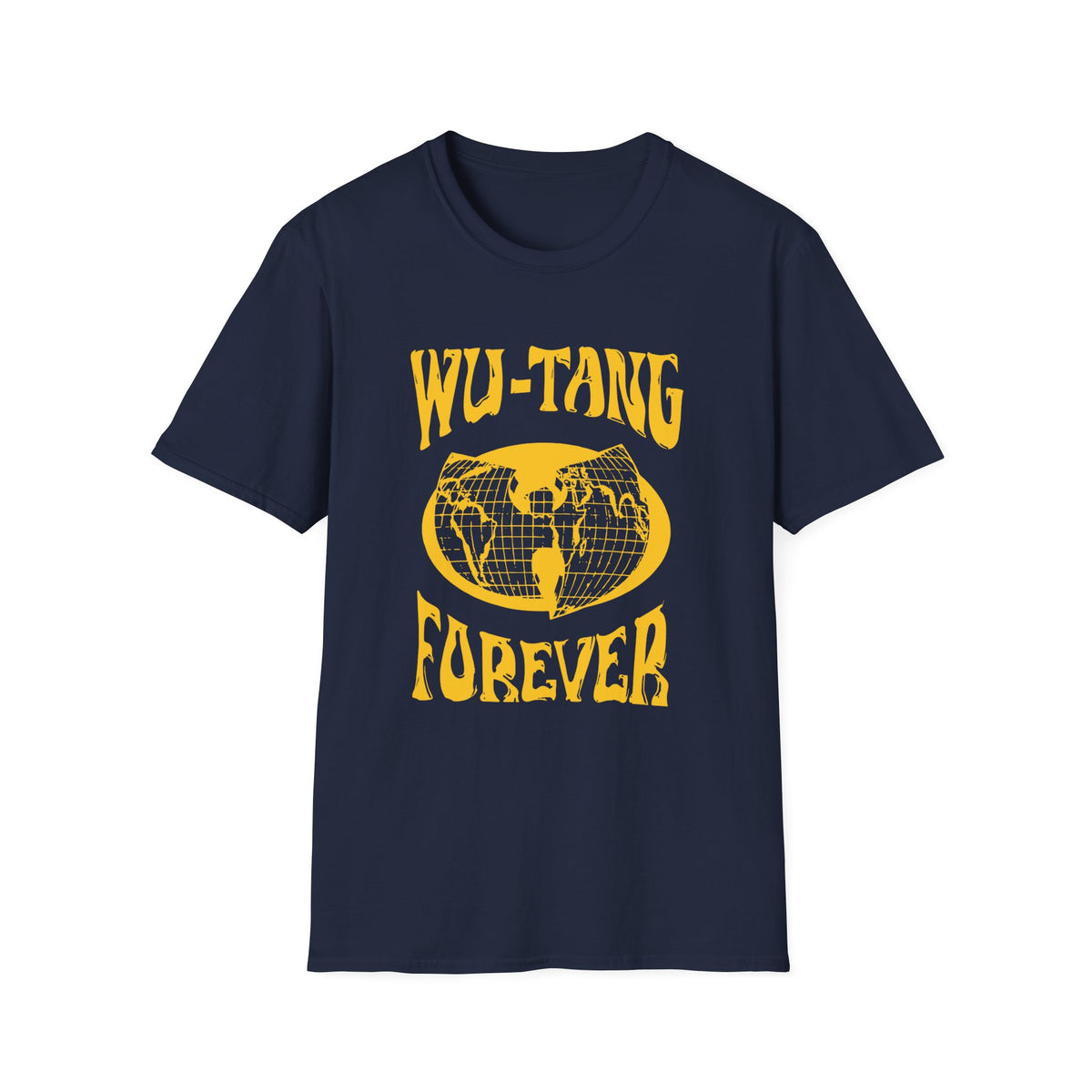 Navy t-shirt with yellow "Wu-Tang Forever" text and globe graphic.