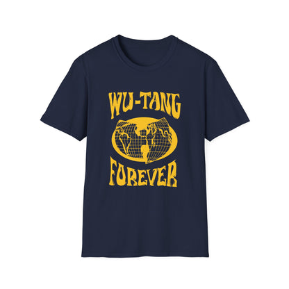 Navy t-shirt with yellow "Wu-Tang Forever" text and globe graphic.