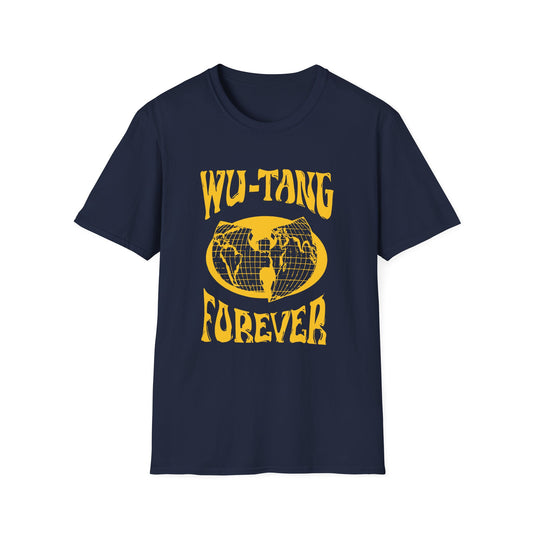 Navy t-shirt with yellow "Wu-Tang Forever" text and globe graphic.