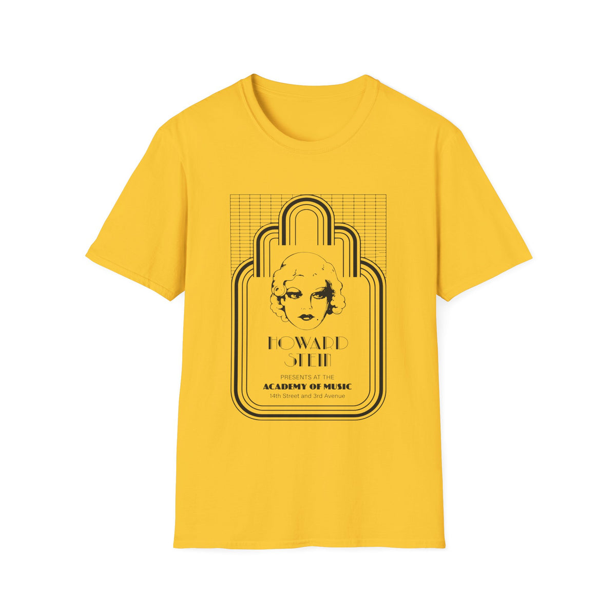 Yellow t-shirt with a black graphic featuring a woman's head and text about Howard Stein.
