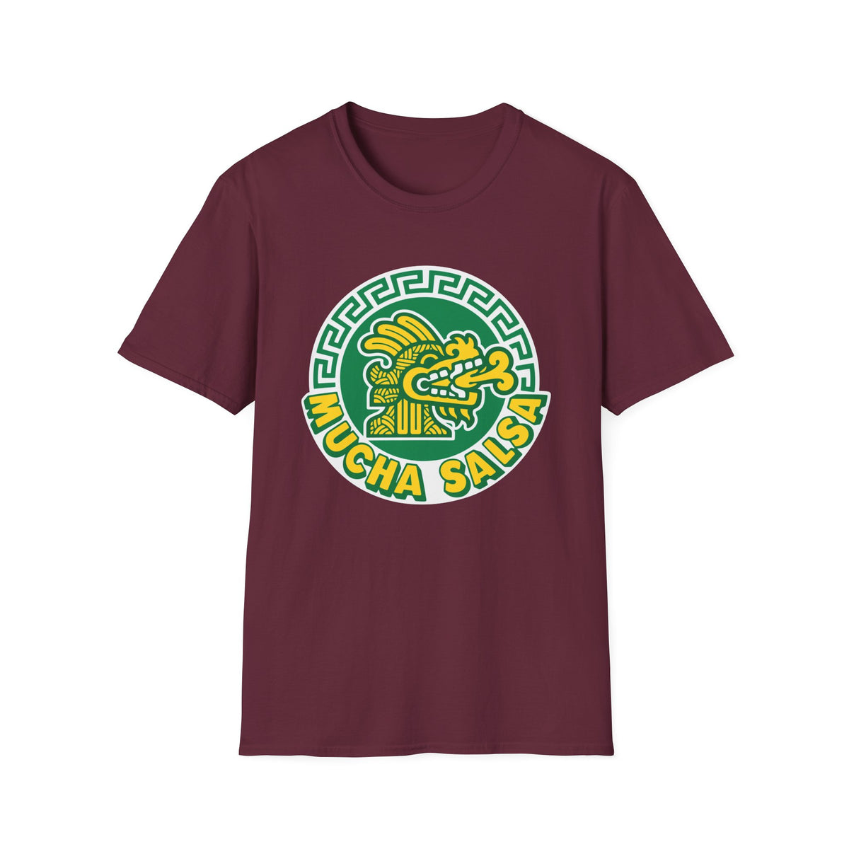 Maroon t-shirt with a green circular logo featuring a stylized dragon and "MUCHA SALSA".