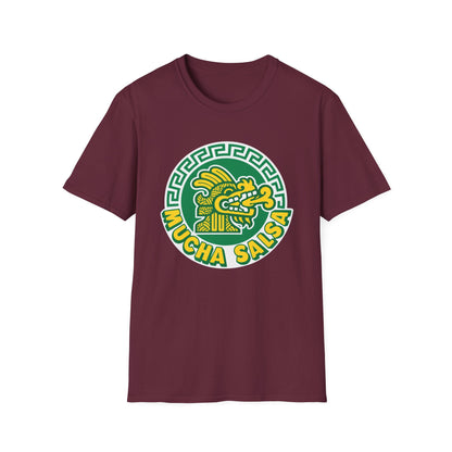 Maroon t-shirt with a green circular logo featuring a stylized dragon and "MUCHA SALSA".