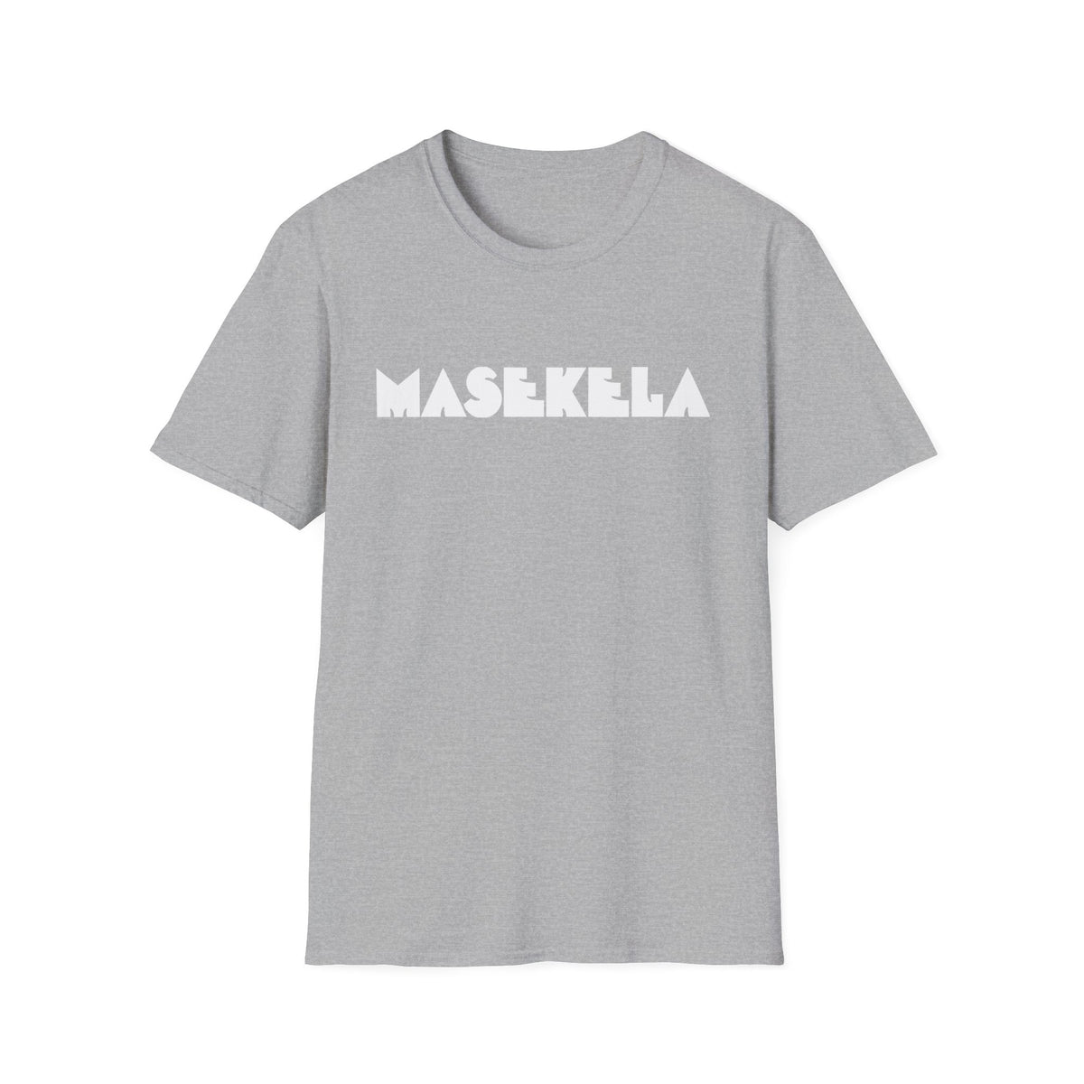 Grey t-shirt with "MASEKELA" text in white block letters.