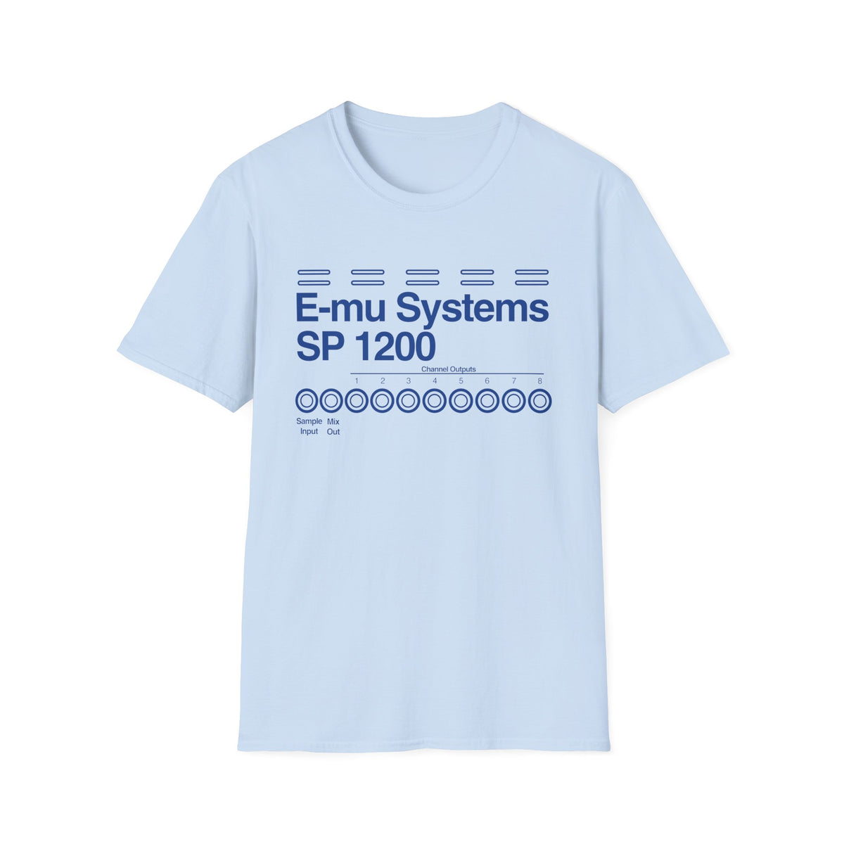 Light blue t-shirt with E-mu Systems SP 1200 graphic and eight channel outputs.