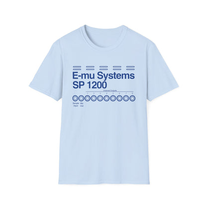 Light blue t-shirt with E-mu Systems SP 1200 graphic and eight channel outputs.