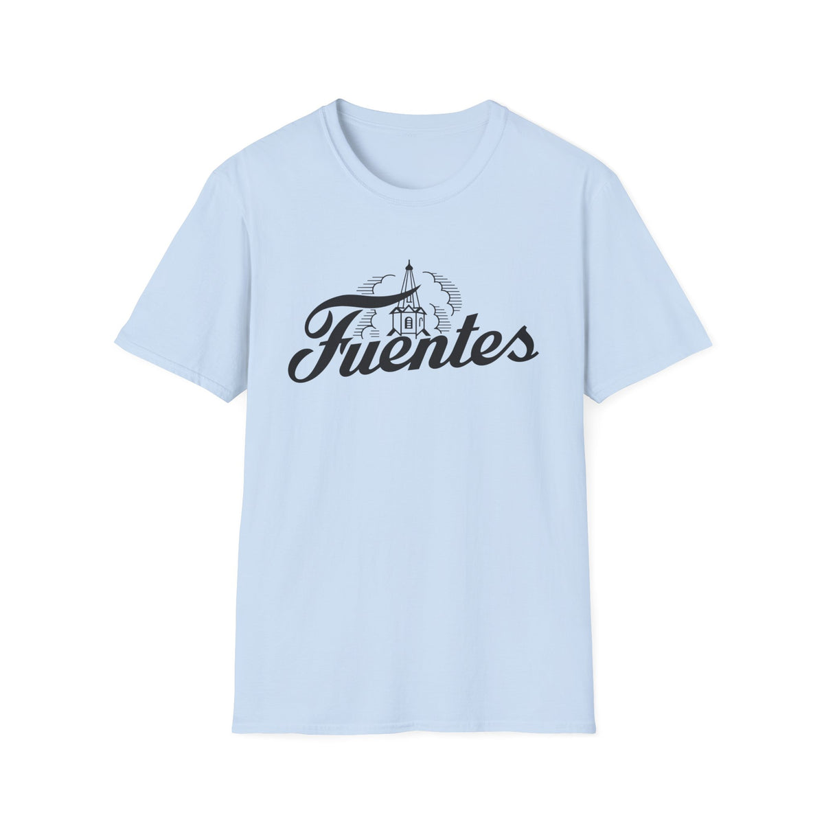 Light blue t-shirt with black "Fuentes" text and church graphic.
