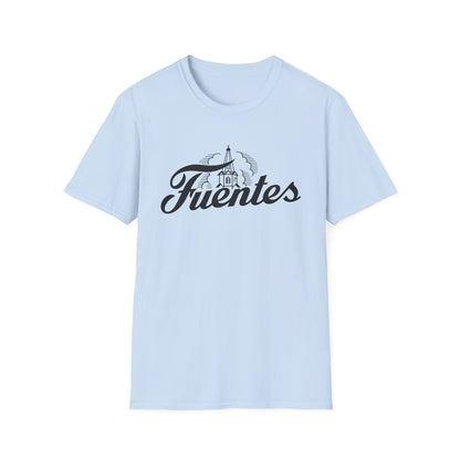 Light blue t-shirt with black "Fuentes" text and church graphic.