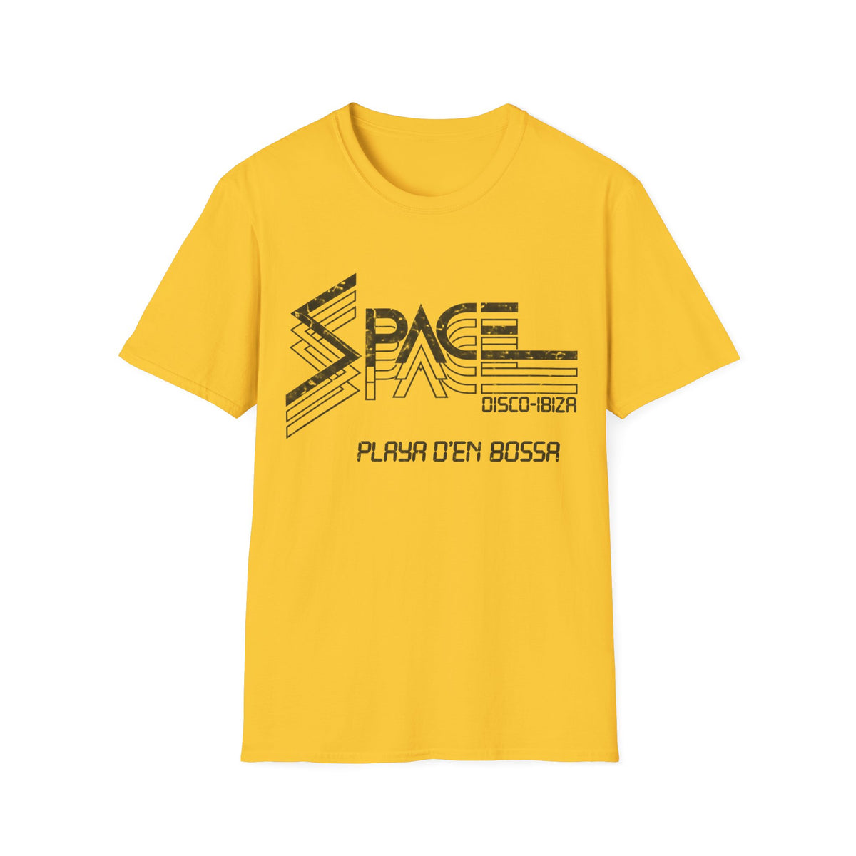 Yellow t-shirt with black "SPACE DISCO-IBIZA PLAYA D'EN BOSSA" graphic.