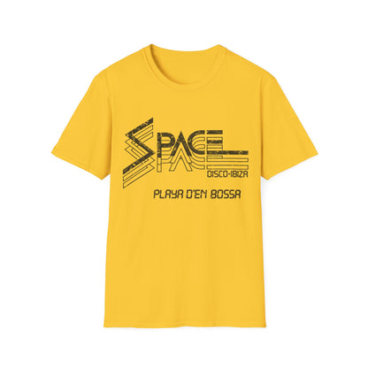 Yellow t-shirt with black "SPACE DISCO-IBIZA PLAYA D'EN BOSSA" graphic.
