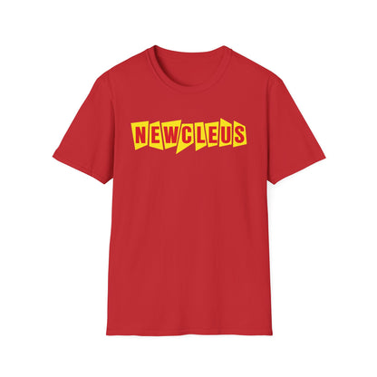 Red t-shirt with yellow "NEWCLEUS" text in a blocky, angled font.