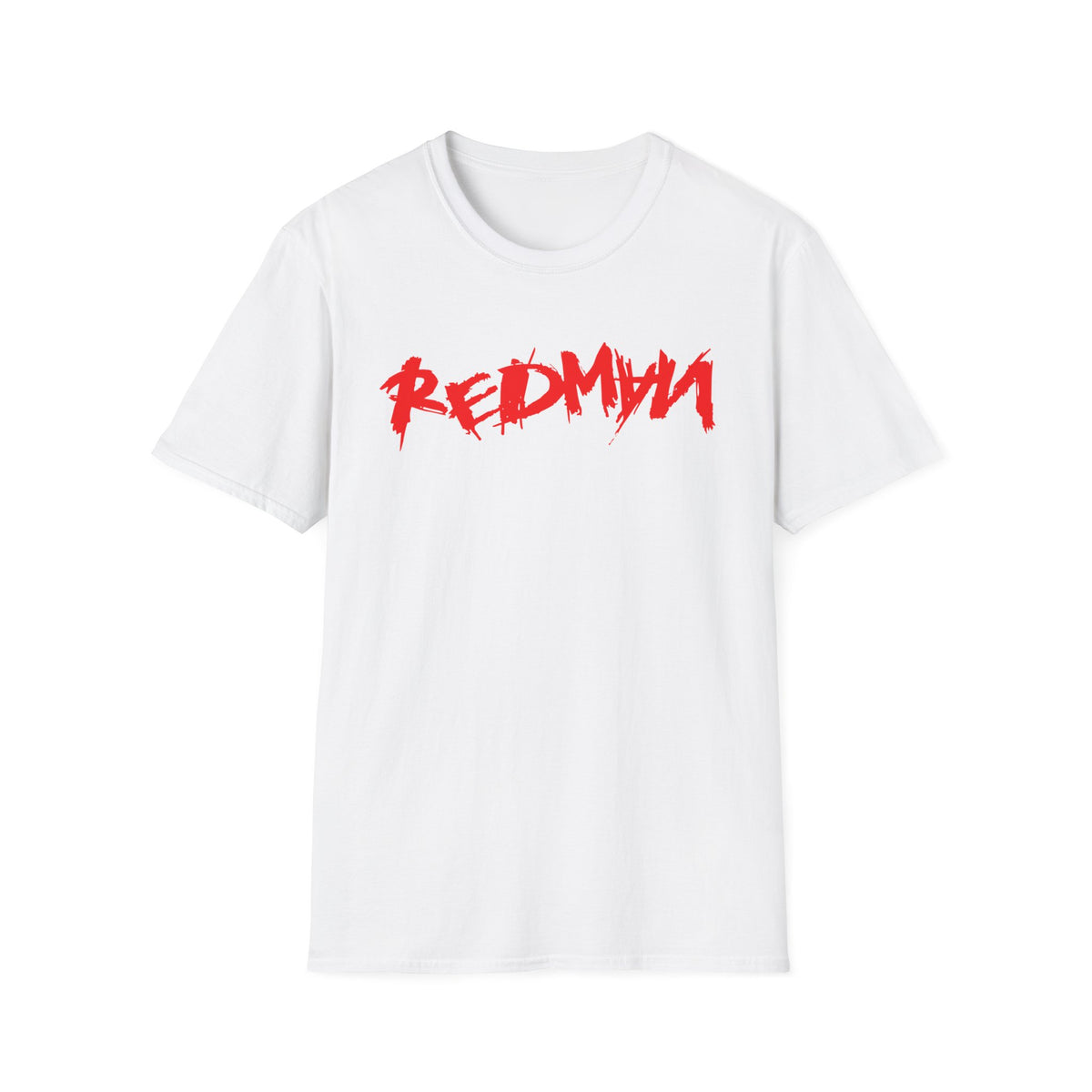 White t-shirt with red "REDMYN" graphic text.