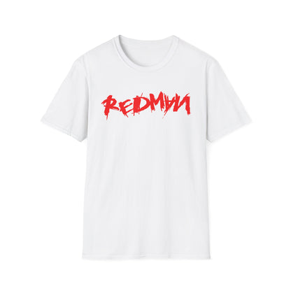 White t-shirt with red "REDMYN" graphic text.