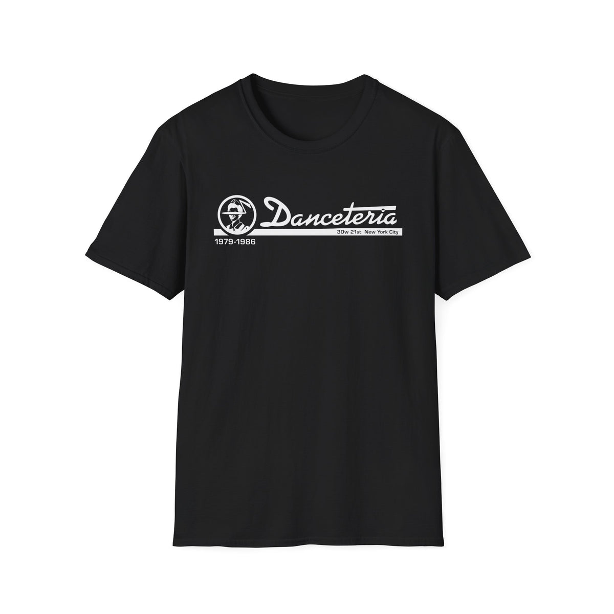 Black t-shirt with white Danceteria logo, 1979-1986, and 30w 21st New York City.