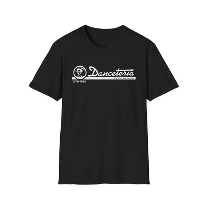 Black t-shirt with white Danceteria logo, 1979-1986, and 30w 21st New York City.