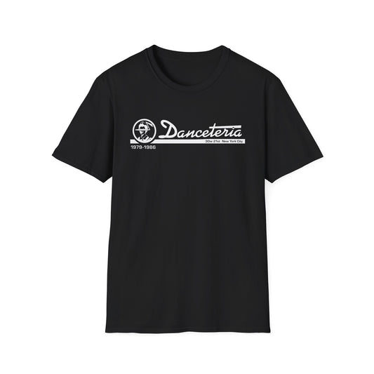 Black t-shirt with white Danceteria logo, 1979-1986, and 30w 21st New York City.