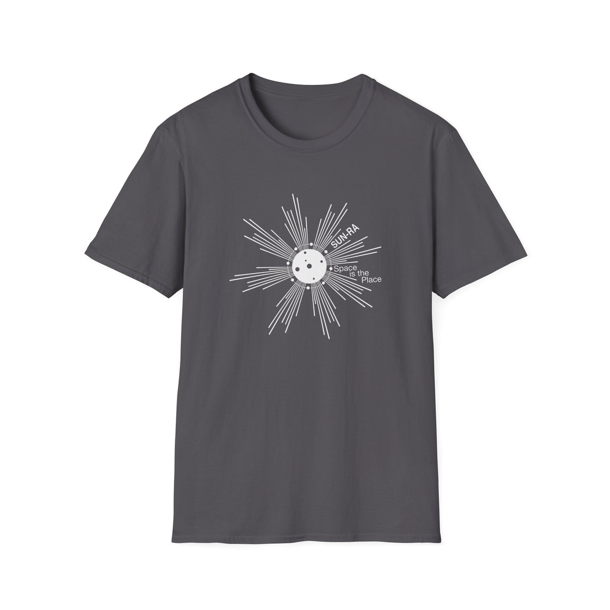 Dark grey t-shirt with white graphic featuring a sun-like design and text "SUN-RA Space is the Place".