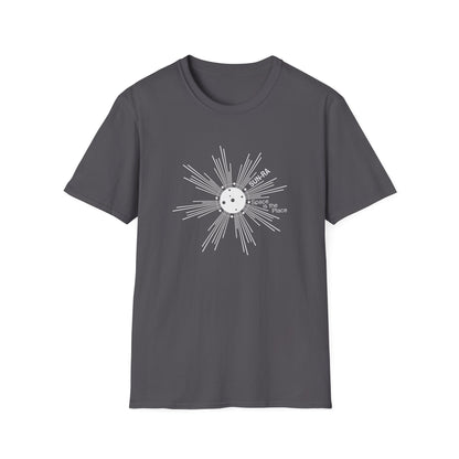 Dark grey t-shirt with white graphic featuring a sun-like design and text "SUN-RA Space is the Place".