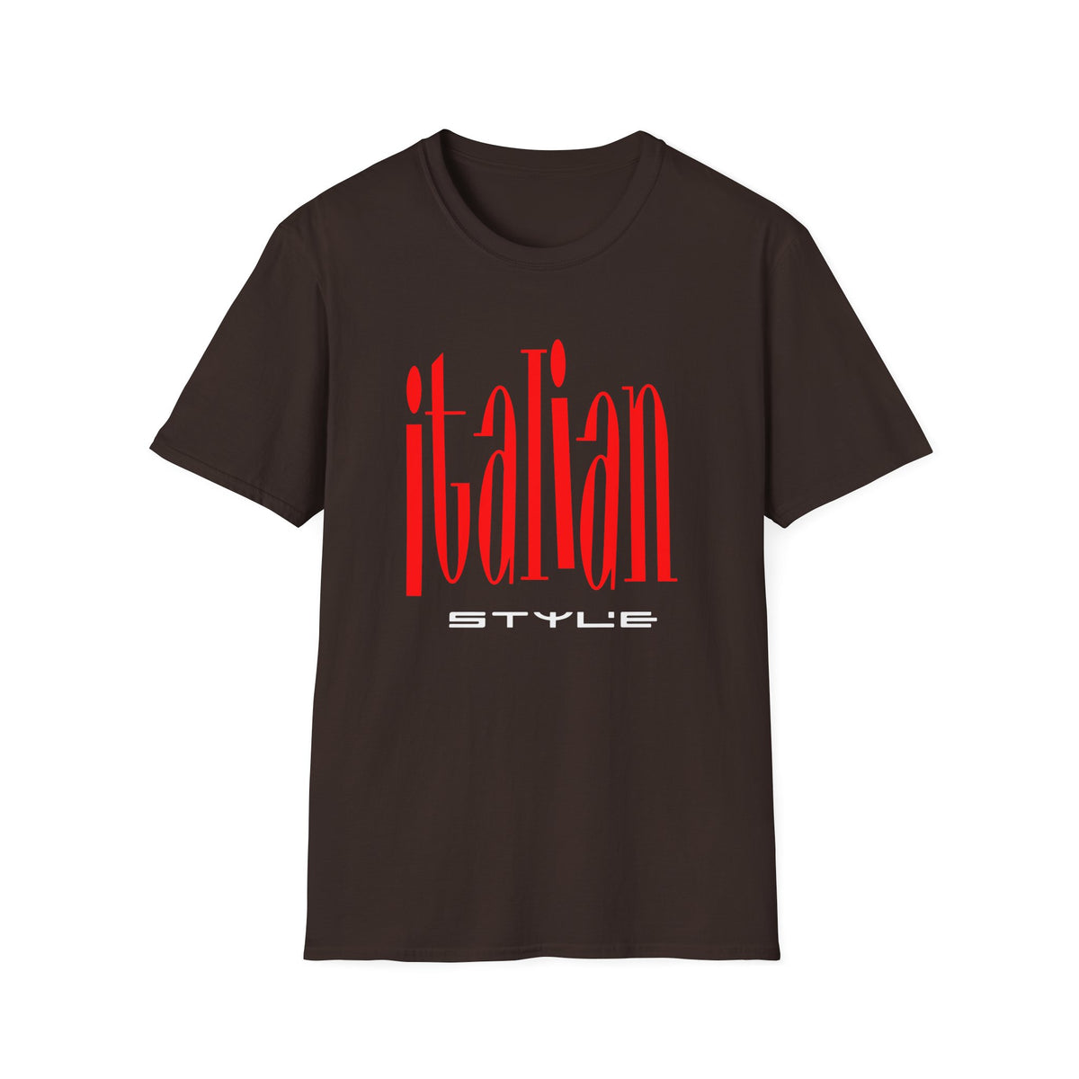 Dark brown t-shirt with red "italian STYLE" text graphic.