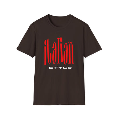Dark brown t-shirt with red "italian STYLE" text graphic.