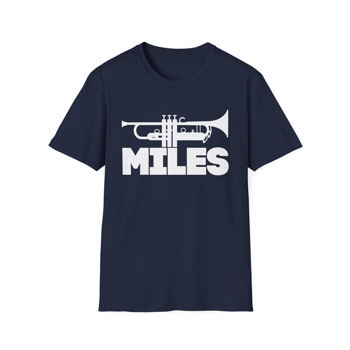 Navy t-shirt with white trumpet graphic and "MILES" text.