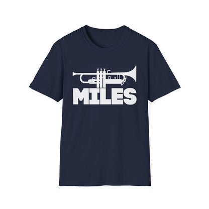 Navy t-shirt with white trumpet graphic and "MILES" text.