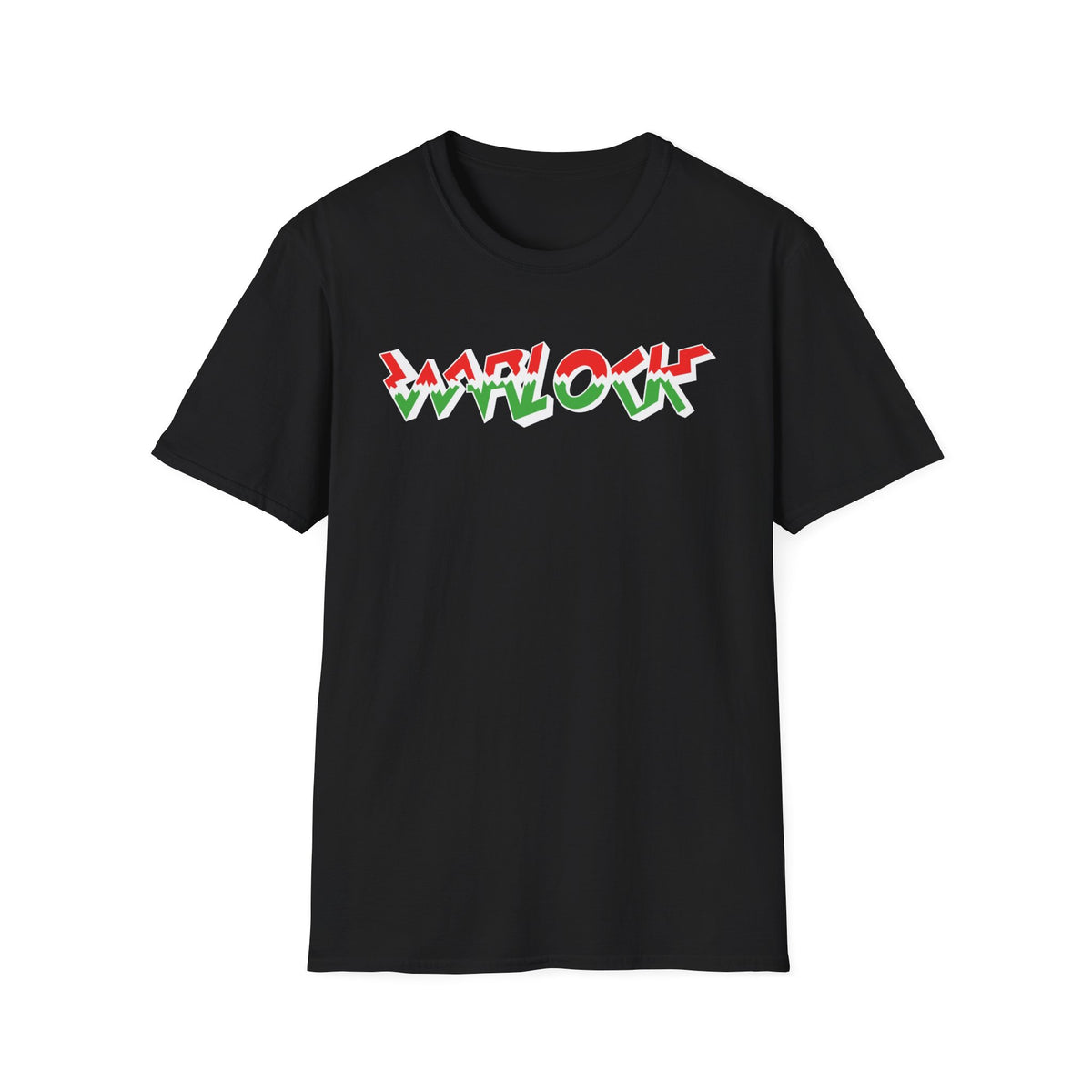 Black t-shirt with red, white, and green "WARLOCK" graphic.
