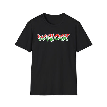 Black t-shirt with red, white, and green "WARLOCK" graphic.