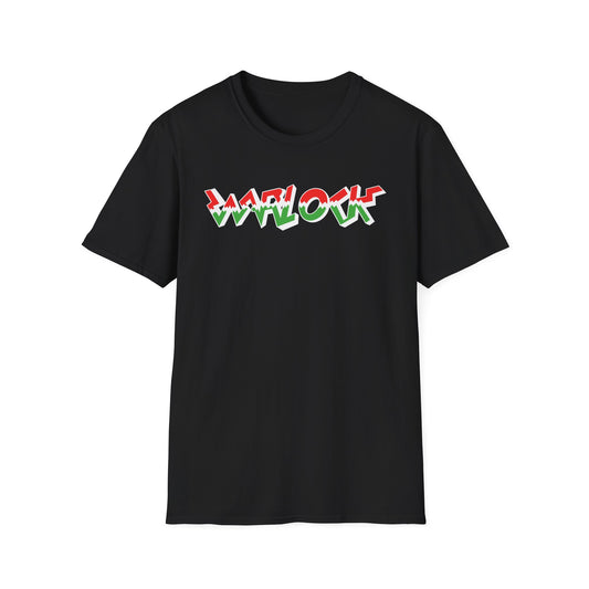 Black t-shirt with red, white, and green "WARLOCK" graphic.