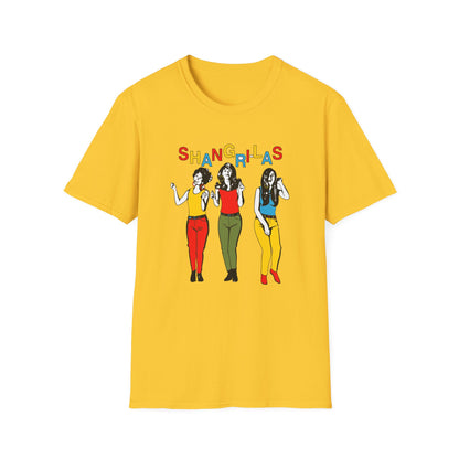Yellow t-shirt with "SHANGRI-LAS" text and three illustrated women.