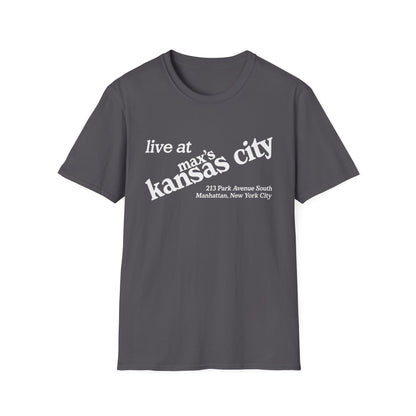Gray t-shirt with white text: "live at max's kansas city 213 Park Avenue South Manhattan, New York City"