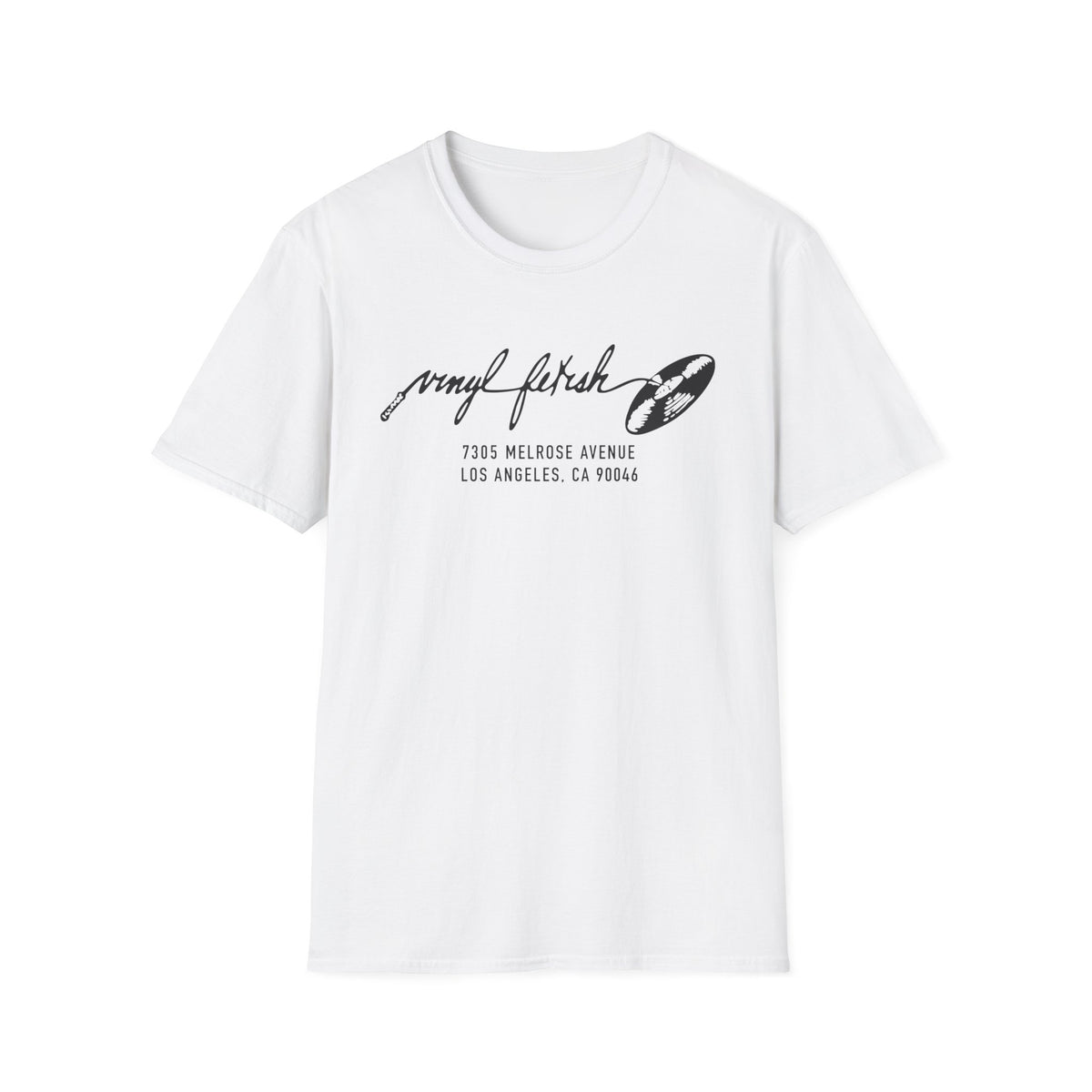 White t-shirt with black "vinyl fetish" text and address.