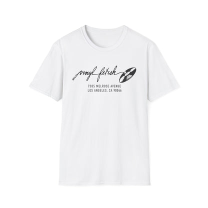 White t-shirt with black "vinyl fetish" text and address.