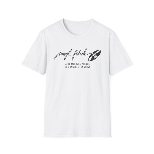 White t-shirt with black "vinyl fetish" text and address.