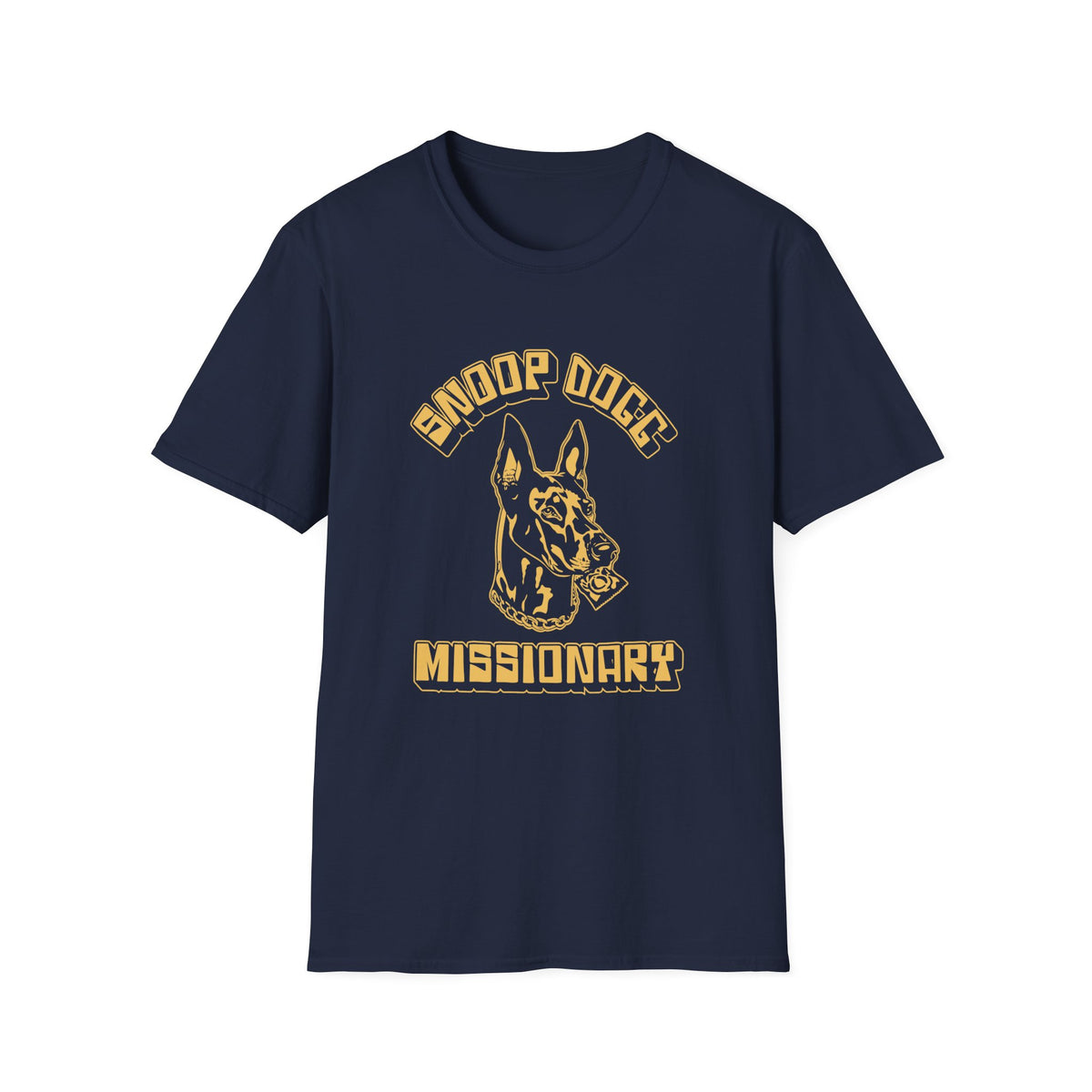 Navy t-shirt with a dog graphic and text "Snoop Dogg Missionary".