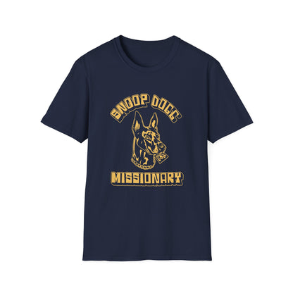 Navy t-shirt with a dog graphic and text "Snoop Dogg Missionary".