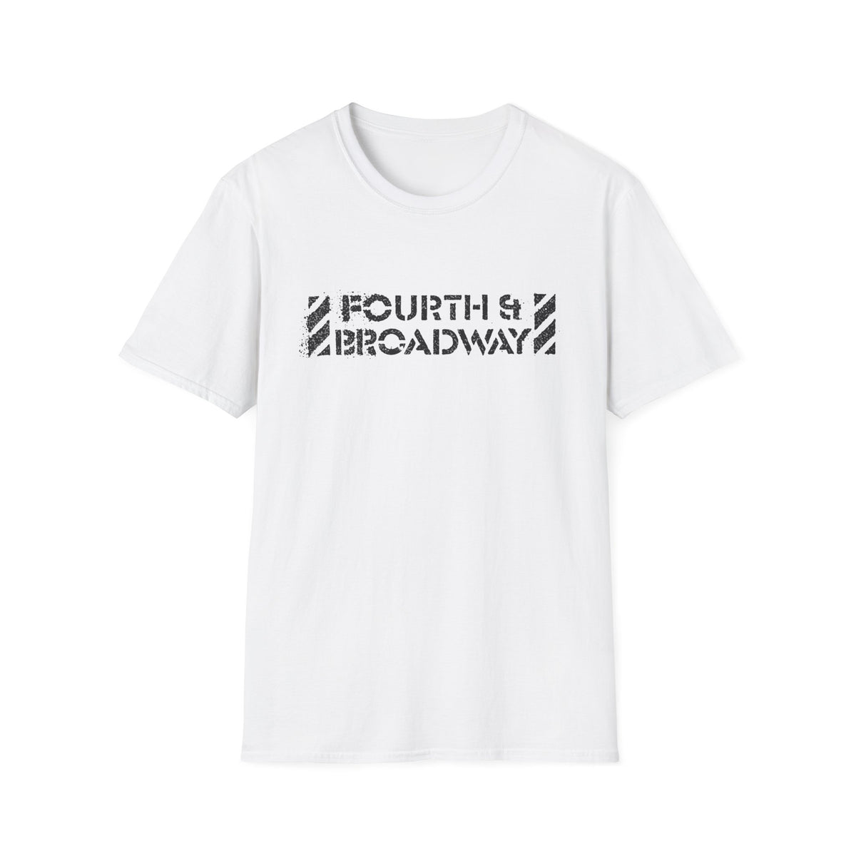 White t-shirt with black "FOURTH & BROADWAY" graphic print.