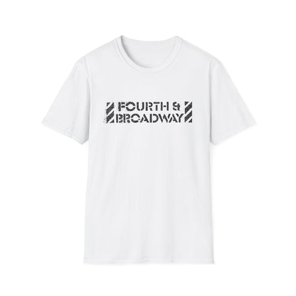 White t-shirt with black "FOURTH & BROADWAY" graphic print.
