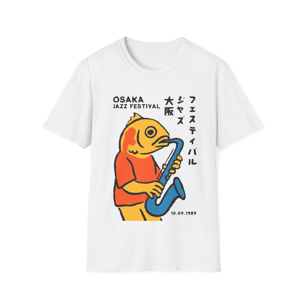 White t-shirt with graphic of a fish playing a saxophone for the Osaka Jazz Festival.