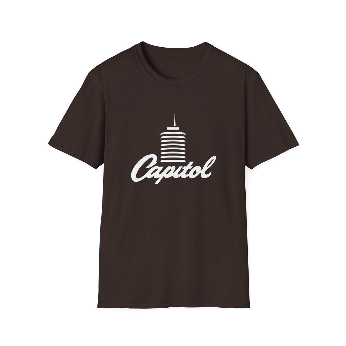 Brown t-shirt with white "Capitol" text and building graphic.