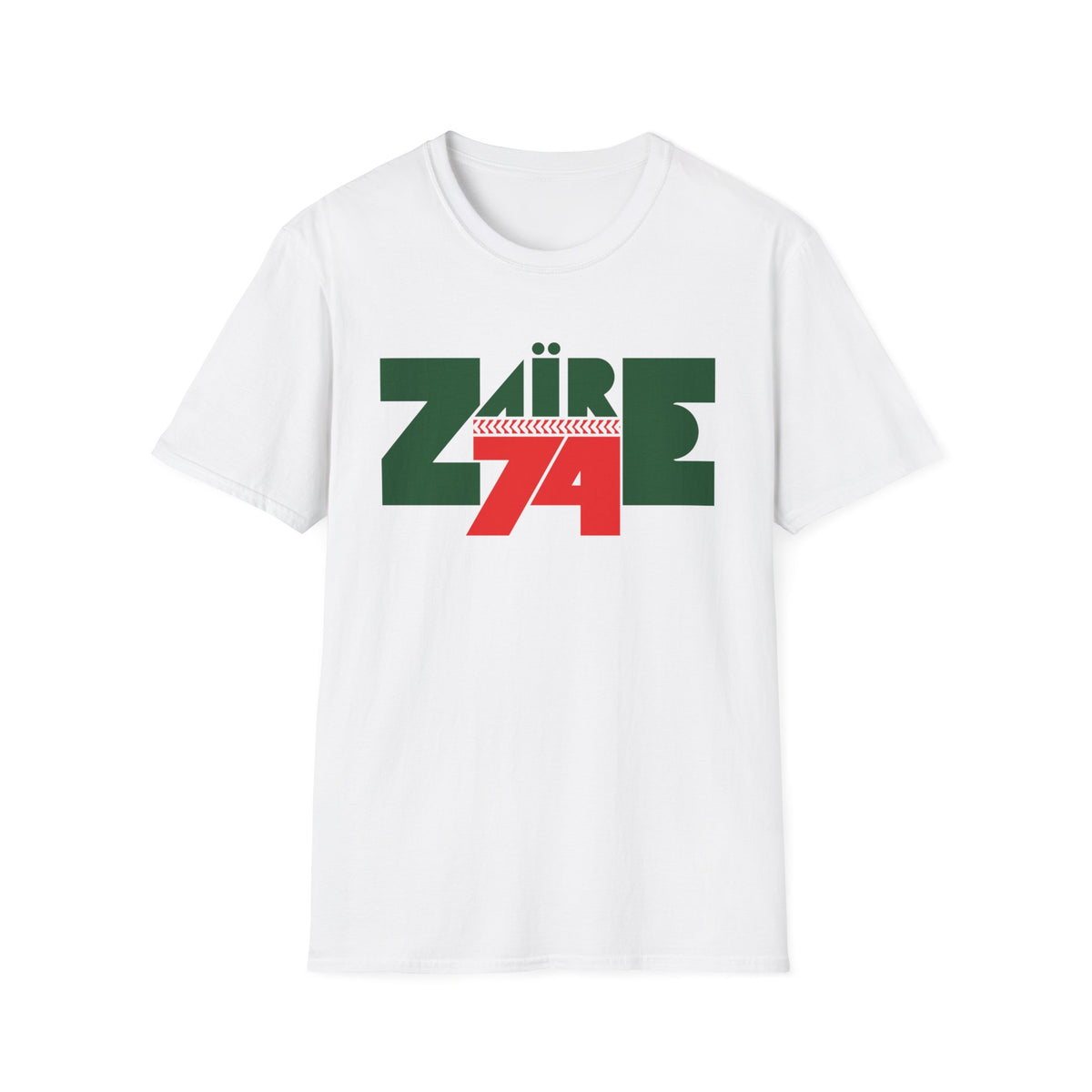 White t-shirt with "Zaire 74" text in green and red.