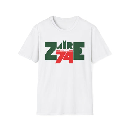 White t-shirt with "Zaire 74" text in green and red.