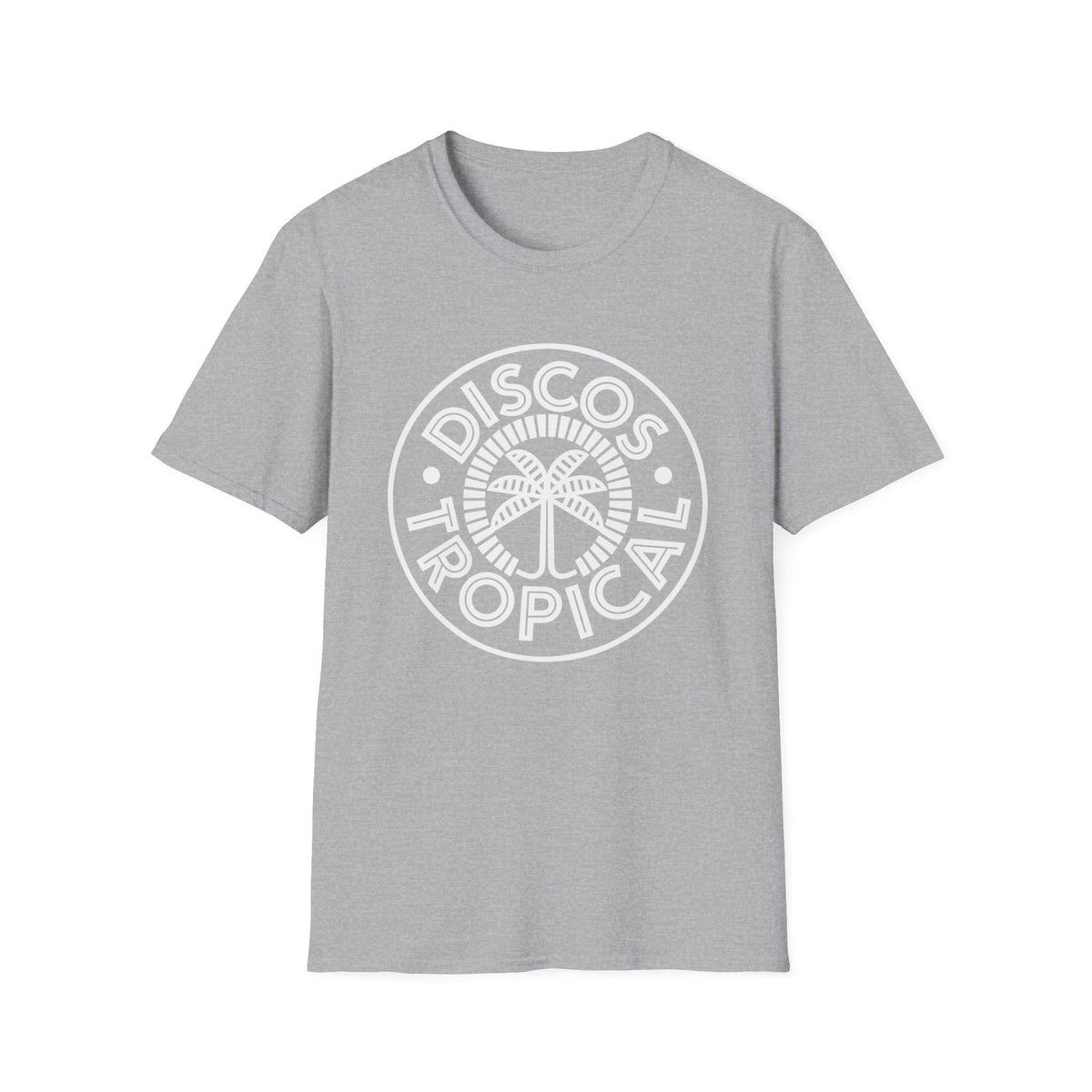 Grey t-shirt with white circular "Disco Tropical" logo featuring a palm tree.