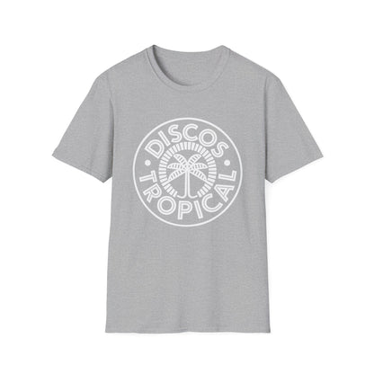 Grey t-shirt with white circular "Disco Tropical" logo featuring a palm tree.