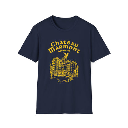 Navy t-shirt with yellow Chateau Marmont Hollywood graphic and building illustration.