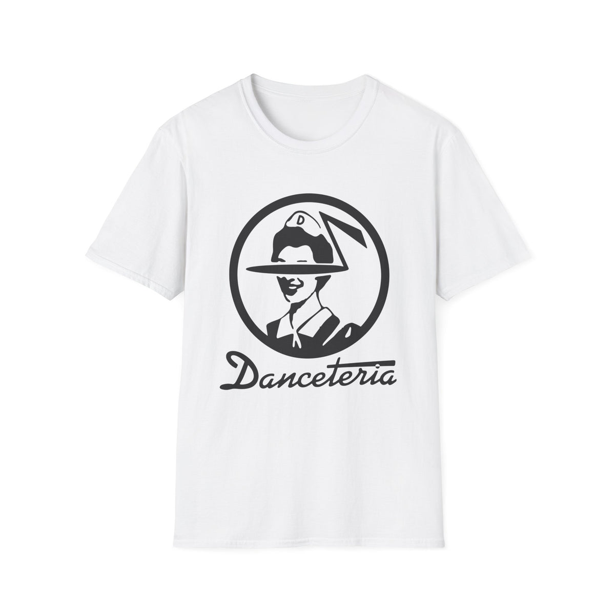 White t-shirt with black Danceteria logo featuring a circular graphic.