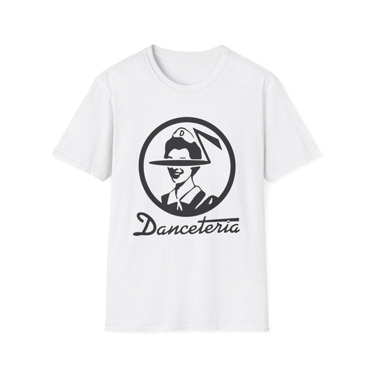 White t-shirt with black Danceteria logo featuring a circular graphic.