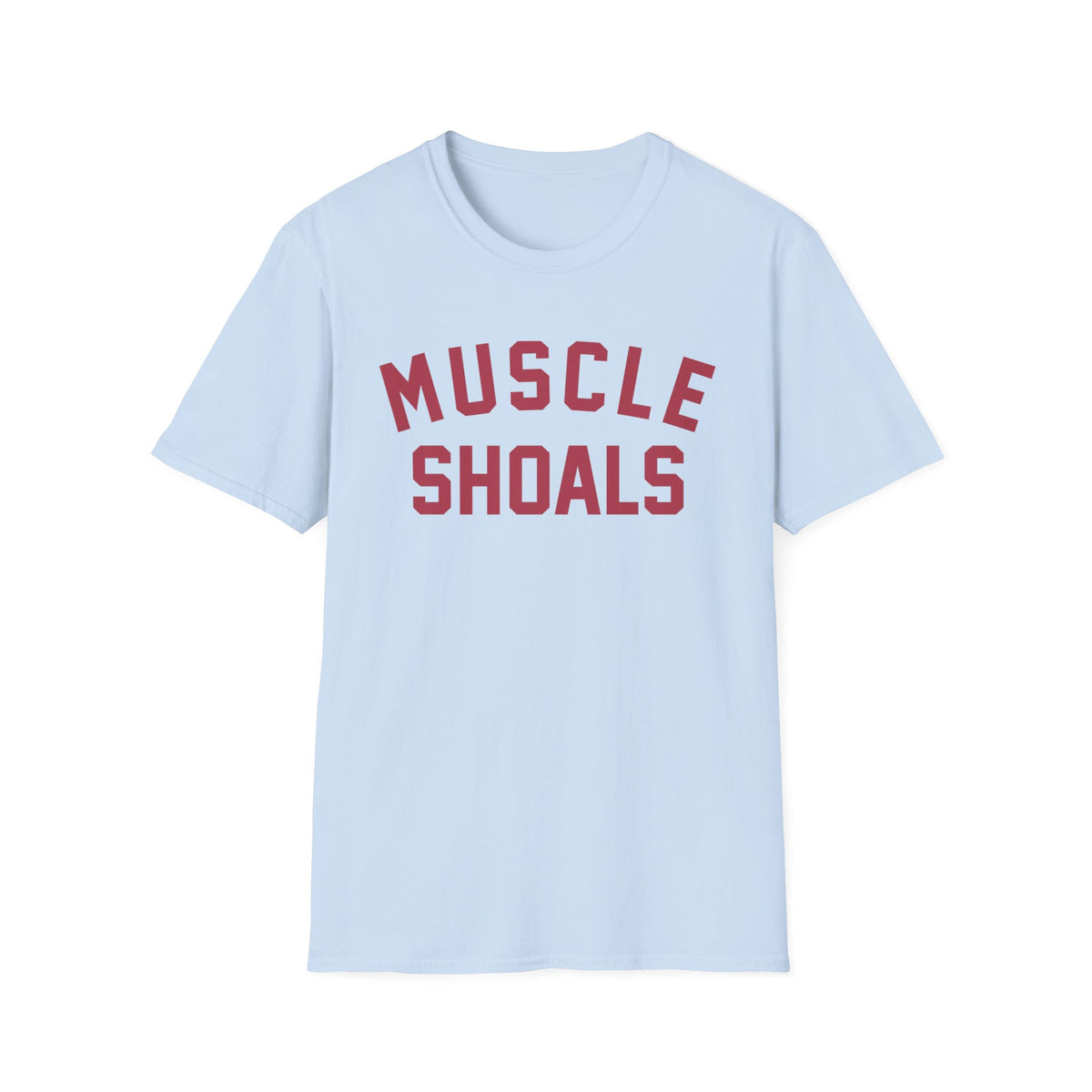 Light blue t-shirt with "MUSCLE SHOALS" in red collegiate font.